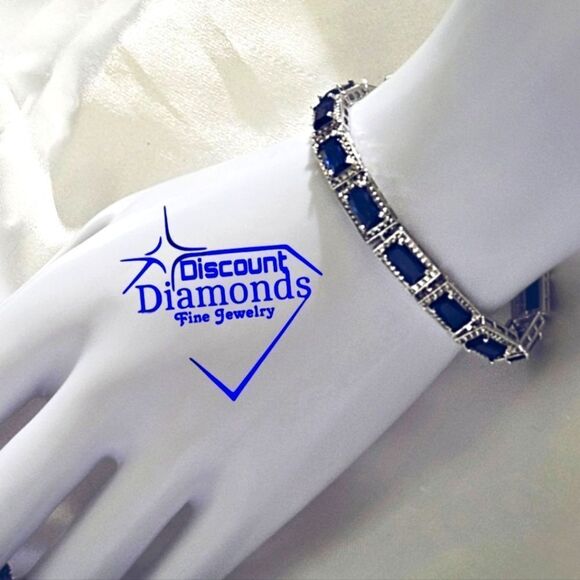 Blue Rectangular 5 mm Princess Cut Topaz Tennis Bracelet on 925 Silver - Picture 7 of 10